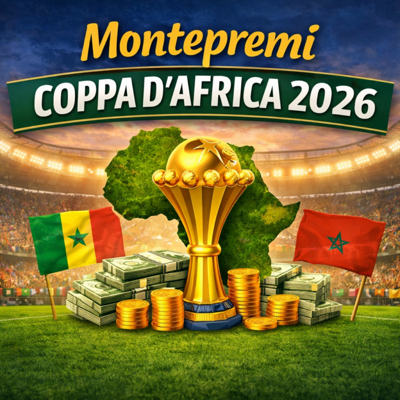 Montepremi Coppa d'Africa 2026 con trofeo dorato e stadio sullo sfondo