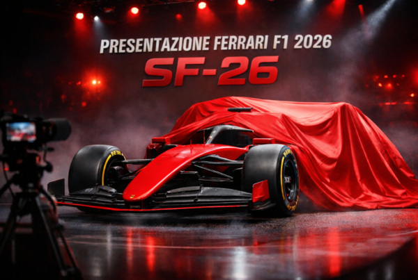 Presentazione Ferrari F1 2026: monoposto SF-26 svelata sul palco con luci rosse e telo in seta
