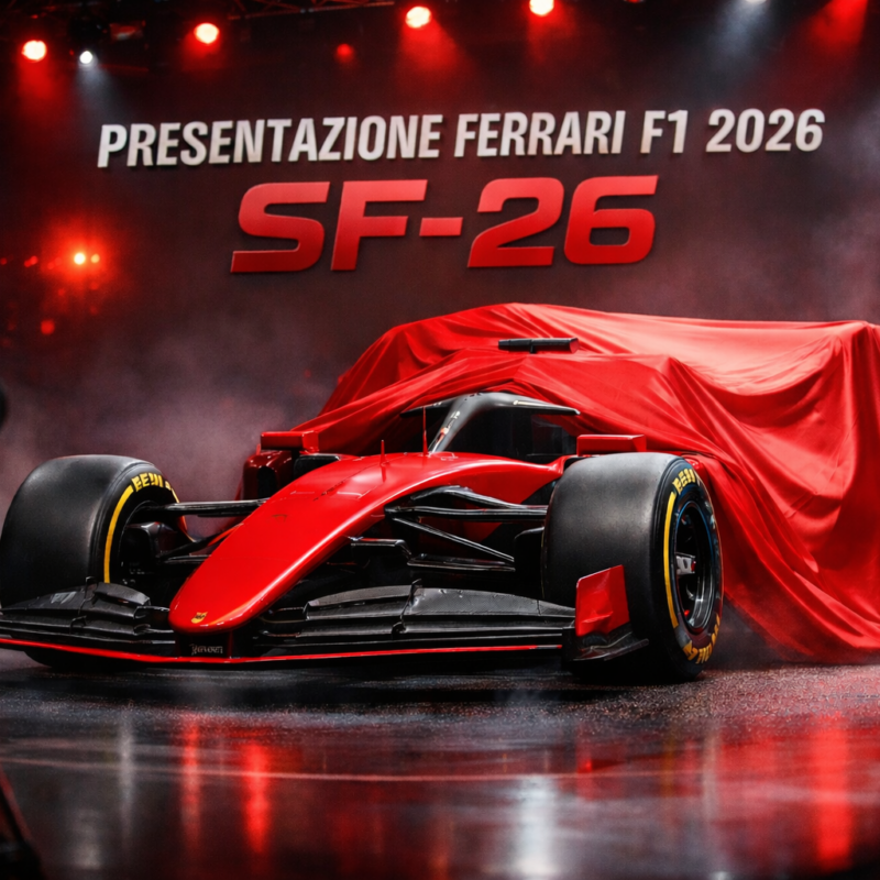 Presentazione Ferrari F1 2026: monoposto SF-26 svelata sul palco con luci rosse e telo in seta