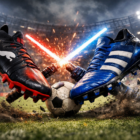 Due scarpini da calcio, uno Puma nero con dettagli rossi e uno Adidas blu, si scontrano su un campo da calcio illuminato da uno stadio, con scintille ed effetti di energia al centro dell’impatto.