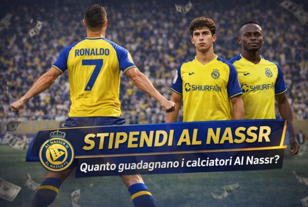 Cristiano Ronaldo di spalle in esultanza con maglia gialla Al Nassr e scritta Stipendi Al Nassr per illustrare l'articolo quanto guadagnano i calciatori al nassr