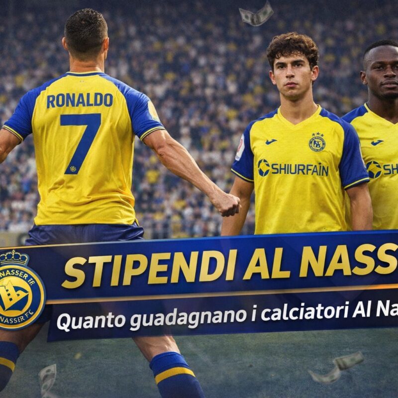 Cristiano Ronaldo di spalle in esultanza con maglia gialla Al Nassr e scritta Stipendi Al Nassr per illustrare l'articolo quanto guadagnano i calciatori al nassr