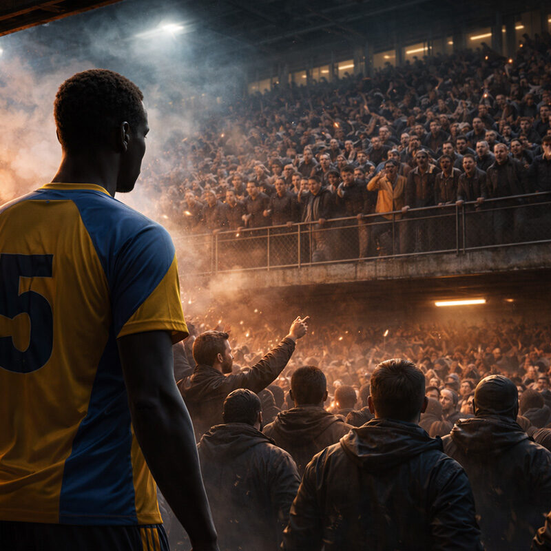 Giocatore nero di spalle in uno stadio ostile durante un episodio di razzismo nel calcio, con tifosi e fumogeni sullo sfondo.