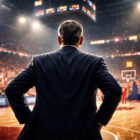 Rick Pitino di spalle a bordo campo durante una partita NCAA, coach osserva il parquet in un’arena gremita