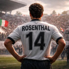 Rosenthal di spalle allo stadio con la maglia dell’Udinese, in un’atmosfera tesa e simbolica del suo controverso passaggio in Italia