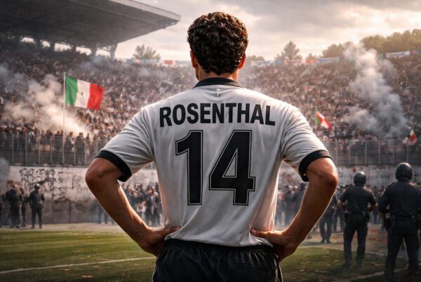 Rosenthal di spalle allo stadio con la maglia dell’Udinese, in un’atmosfera tesa e simbolica del suo controverso passaggio in Italia