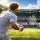 Stefan Edberg di spalle mentre colpisce una volée di rovescio a rete su un campo in erba, stile realistico e atmosfera da Wimbledon