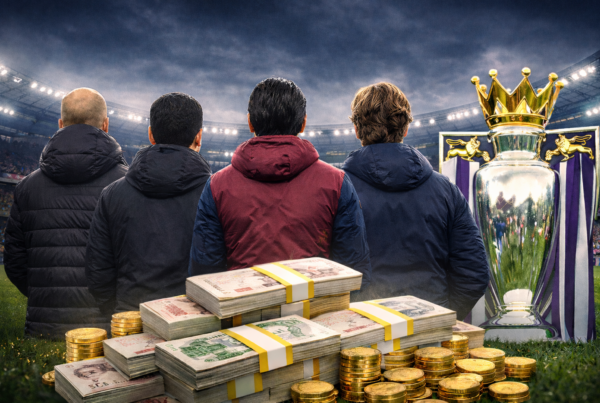 Stipendi degli allenatori della Premier League con manager di spalle e trofeo