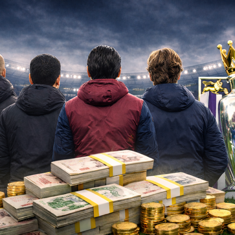 Stipendi degli allenatori della Premier League con manager di spalle e trofeo