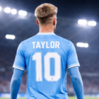 Taylor verso la Lazio, calciatore di spalle con maglia azzurra numero 10 in uno stadio illuminato