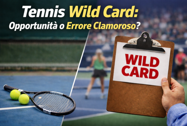 Tennista durante un servizio e cartellino wild card, simbolo del dibattito sulla tennis wild card nei tornei professionistici