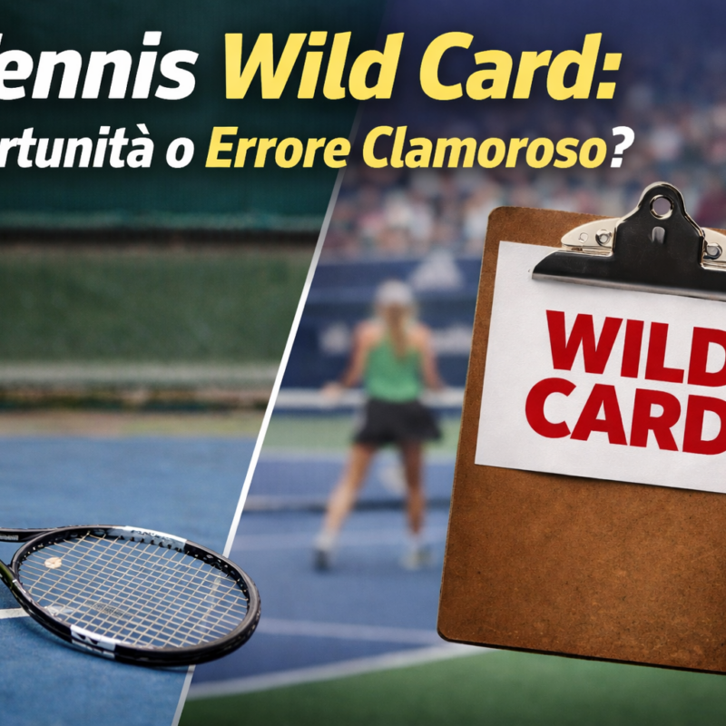 Tennista durante un servizio e cartellino wild card, simbolo del dibattito sulla tennis wild card nei tornei professionistici