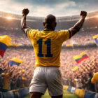 Tino Asprilla di spalle in uno stadio gremito, maglia gialla numero 11, braccia alzate e atmosfera sportiva anni ’90