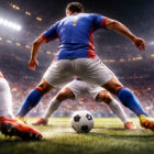 Tunnel nel calcio eseguito in partita: giocatore di spalle dribbla l’avversario facendo passare il pallone tra le gambe in uno stadio illuminato