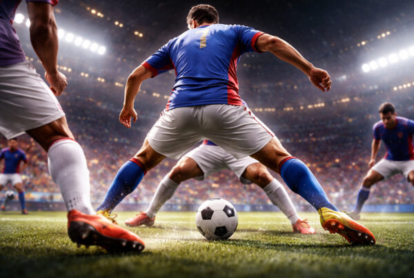 Tunnel nel calcio eseguito in partita: giocatore di spalle dribbla l’avversario facendo passare il pallone tra le gambe in uno stadio illuminato