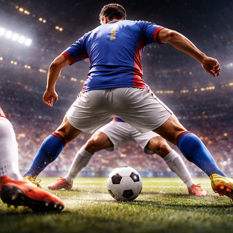 Tunnel nel calcio eseguito in partita: giocatore di spalle dribbla l’avversario facendo passare il pallone tra le gambe in uno stadio illuminato