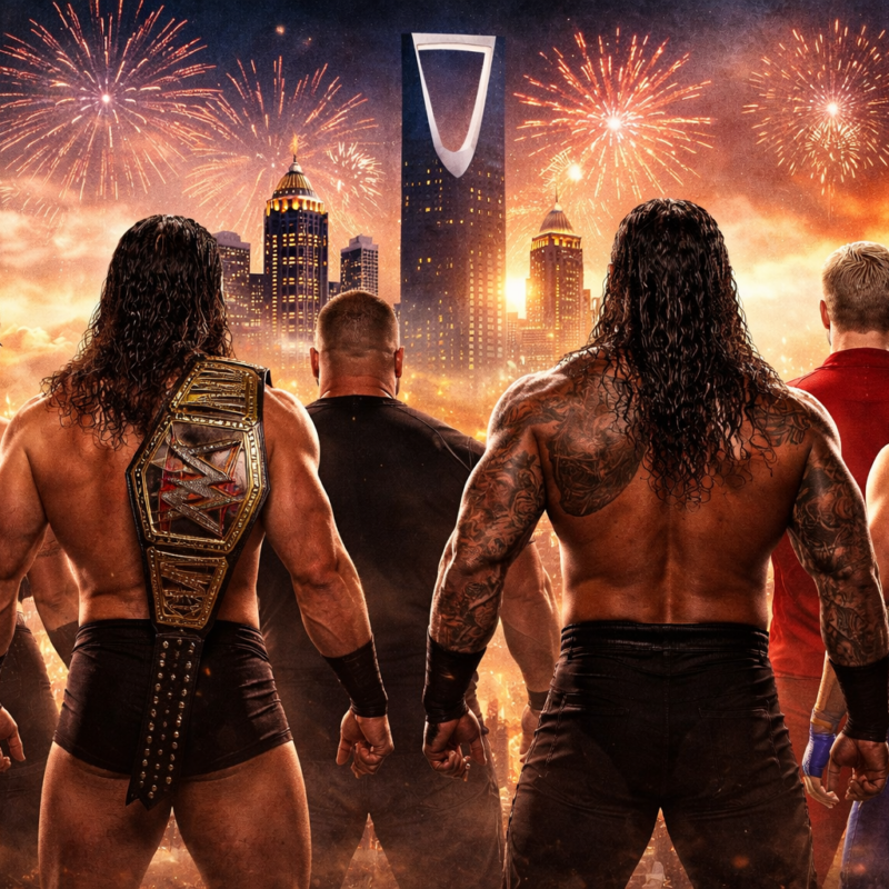 WWE Royal Rumble 2026 a Riyadh: superstars WWE di spalle davanti allo skyline e fuochi d’artificio