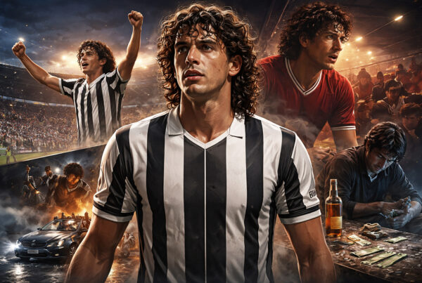 Walter Casagrande illustrato in stile iperrealistico, con la maglia dell’Ascoli, tra successo calcistico e momenti di crisi personale