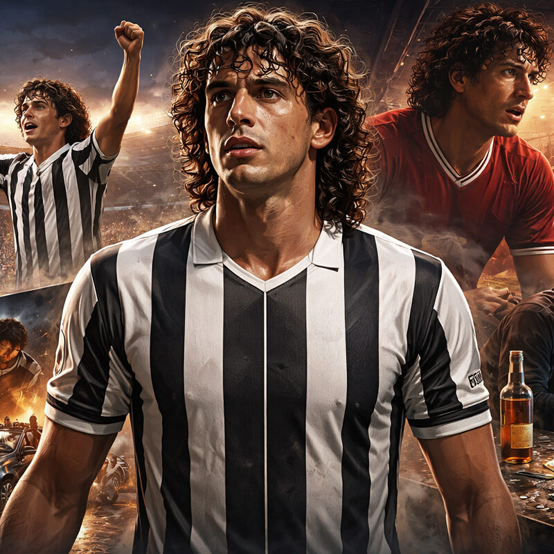 Walter Casagrande illustrato in stile iperrealistico, con la maglia dell’Ascoli, tra successo calcistico e momenti di crisi personale