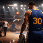 Giocatore dei Warriors di spalle sul parquet mentre un compagno infortunato viene accompagnato fuori dal campo, atmosfera drammatica e luci da arena NBA.