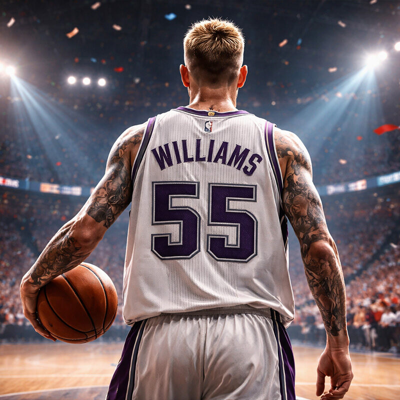 Jason Williams di spalle su un parquet NBA in stile All Star, con maglia numero 55 e palla in mano, illuminato dai riflettori e dal pubblico in arena