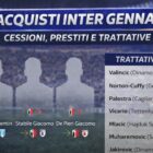 Grafica acquisti Inter gennaio con sagome giocatori, cessioni e prestiti di Carboni, Stabile e De Pieri e lista trattative con Valincic, Vicario e altri.
