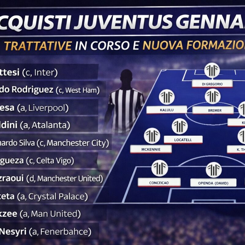 Grafica acquisti Juventus gennaio con trattative in corso e formazione ideale con Di Gregorio, Bremer, Locatelli, Thuram, Cambiaso e Openda.