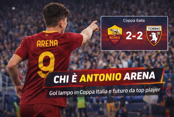 Antonio Arena con maglia Roma e numero 9, grafica Coppa Italia Roma Torino 2-2 e titolo Chi è Antonio Arena.