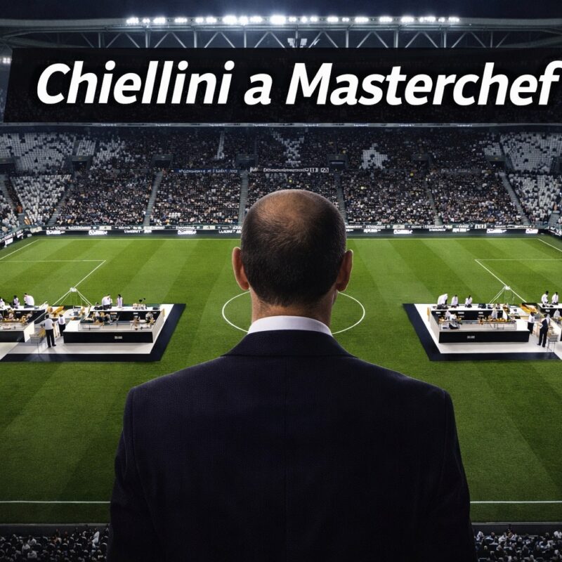 Giorgio Chiellini di spalle allo Juventus Stadium con due postazioni di cucina sul campo e scritta Chiellini a Masterchef in alto.