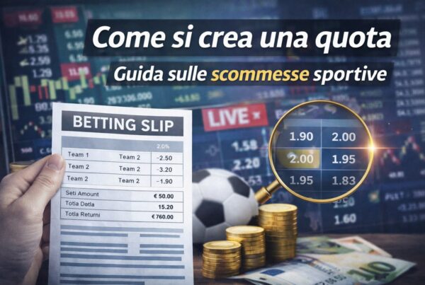 Grafica sulle scommesse sportive con schedina di betting in primo piano, quote evidenziate da una lente d’ingrandimento, monete dorate e scritta Come si crea una quota – Guida sulbetting”.
