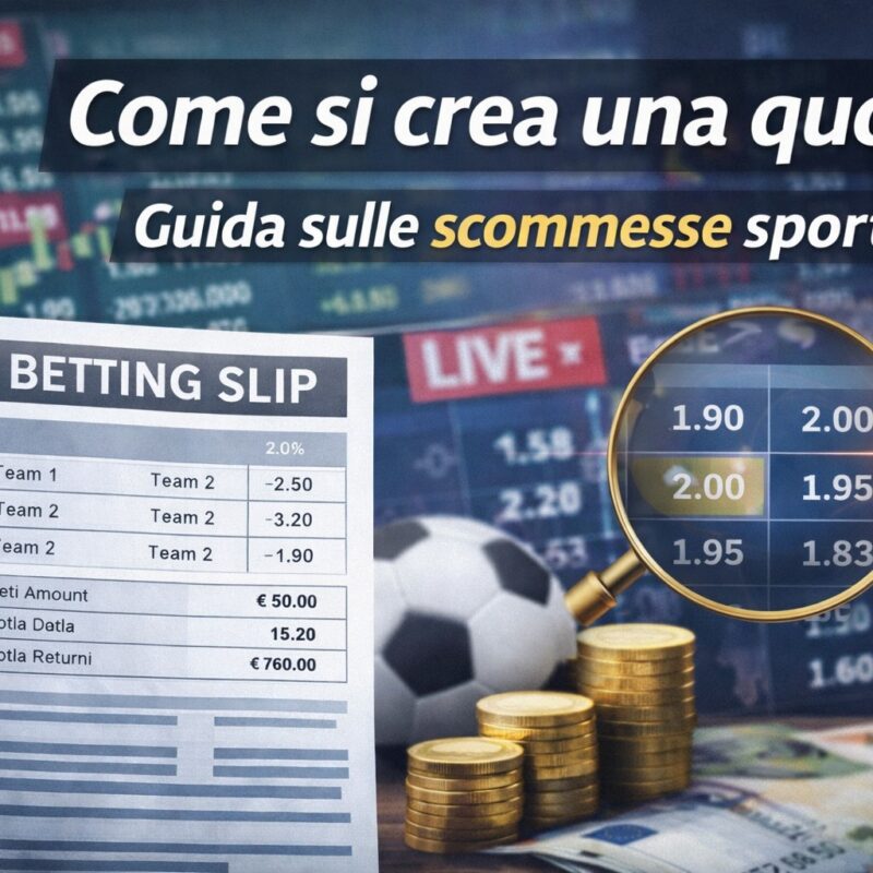 Grafica sulle scommesse sportive con schedina di betting in primo piano, quote evidenziate da una lente d’ingrandimento, monete dorate e scritta Come si crea una quota – Guida sulbetting”.