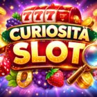 Illustrazione colorata Curiosità Slot con simboli classici di slot machine, rulli, frutta, monete e lente di ingrandimento