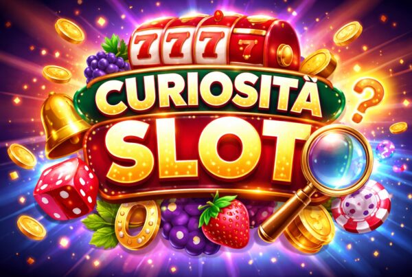 Illustrazione colorata Curiosità Slot con simboli classici di slot machine, rulli, frutta, monete e lente di ingrandimento