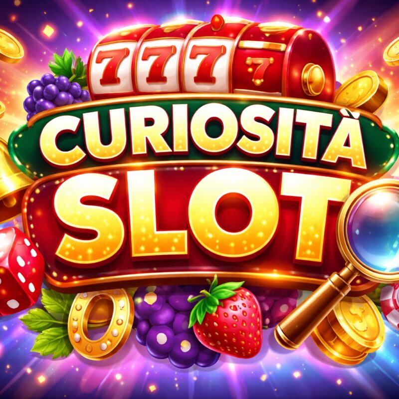 Illustrazione colorata Curiosità Slot con simboli classici di slot machine, rulli, frutta, monete e lente di ingrandimento