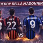 Grafica Derby della Madonnina con Ronaldinho e Kaká da una parte e Ibrahimovic e Adriano dall’altra, giocatori di spalle e simboli a strisce rosso-nere e nero-blu con scritta VS.
