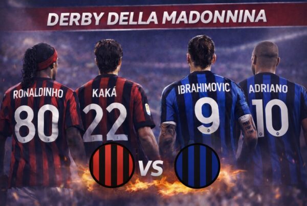 Grafica Derby della Madonnina con Ronaldinho e Kaká da una parte e Ibrahimovic e Adriano dall’altra, giocatori di spalle e simboli a strisce rosso-nere e nero-blu con scritta VS.