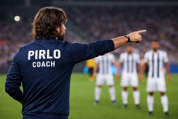 dove alle Andrea Pirlo oggi con l'ex centrocampista di spalle a bordo campo indica una direzione ai giocatori durante una partita di calcio, con stadio illuminato sullo sfondo.