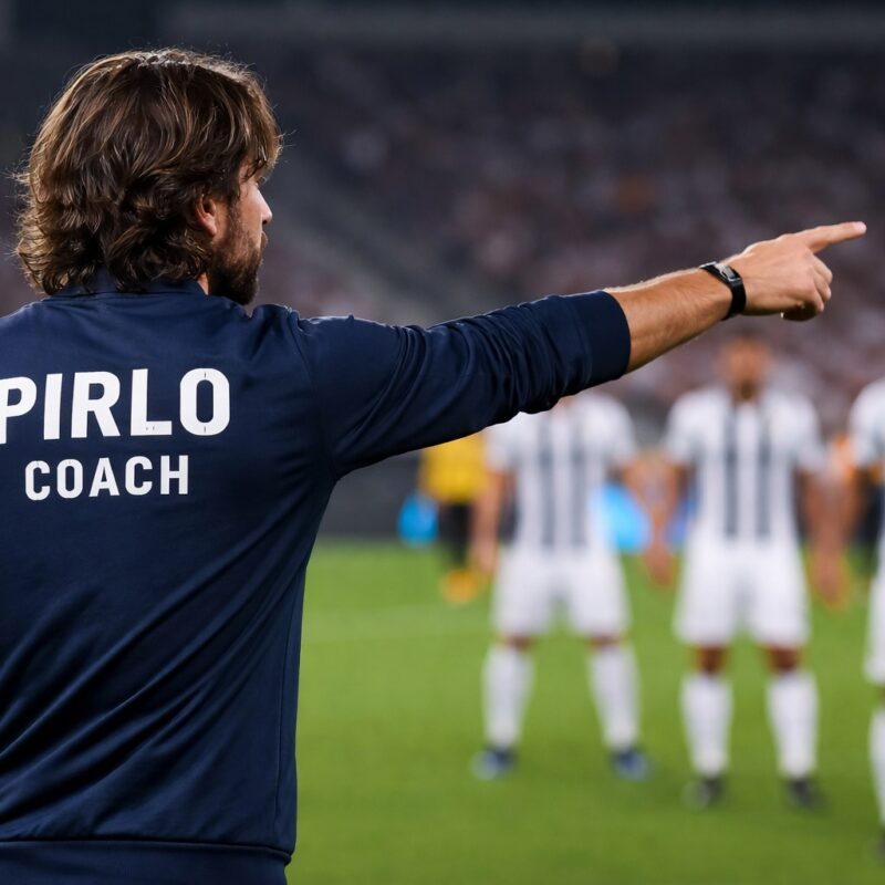 dove alle Andrea Pirlo oggi con l'ex centrocampista di spalle a bordo campo indica una direzione ai giocatori durante una partita di calcio, con stadio illuminato sullo sfondo.