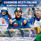 Guadagni atleti italiani olimpiadi invernali: atleti azzurri davanti alle Dolomiti con grafica Milano Cortina 2026.