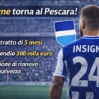 Grafica con Insigne di spalle in maglia biancazzurra e testo Insigne torna al Pescara! con dettagli su contratto, stipendio e rinnovo.