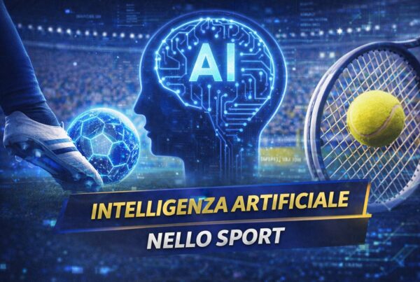 Grafica su intelligenza artificiale nello sport con calcio e tennis, cervello digitale AI e pallone tecnologico in primo piano.