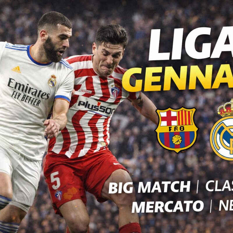 Liga gennaio con sfida tra Real Madrid e Atlético Madrid, big match, classifica e mercato invernale.
