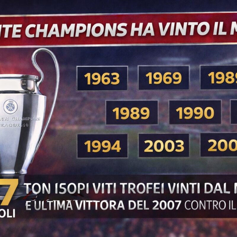 Grafica quante Champions ha vinto il Milan con trofeo Champions, anni delle vittorie e logo a strisce rosse e nere.