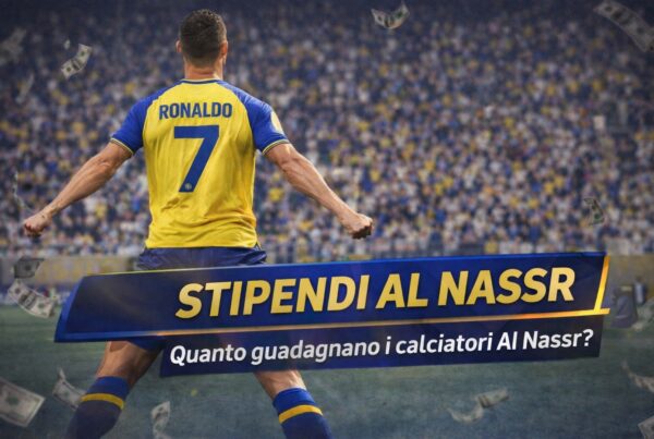 Cristiano Ronaldo di spalle in esultanza con maglia gialla Al Nassr e scritta Stipendi Al Nassr per illustrare l'articolo quanto guadagnano i calciatori al nassr