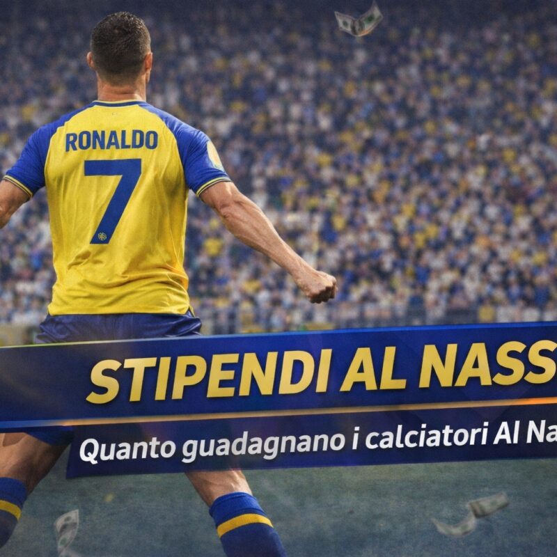 Cristiano Ronaldo di spalle in esultanza con maglia gialla Al Nassr e scritta Stipendi Al Nassr per illustrare l'articolo quanto guadagnano i calciatori al nassr