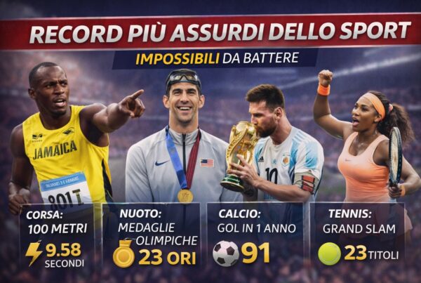 Grafica record più assurdi dello sport con trofeo dorato, icone sportive e top 10 record mondiali tra calcio, atletica, basket e tennis.