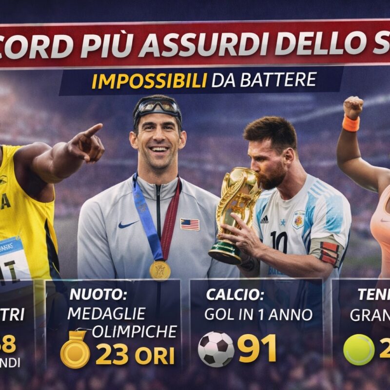 Grafica record più assurdi dello sport con trofeo dorato, icone sportive e top 10 record mondiali tra calcio, atletica, basket e tennis.