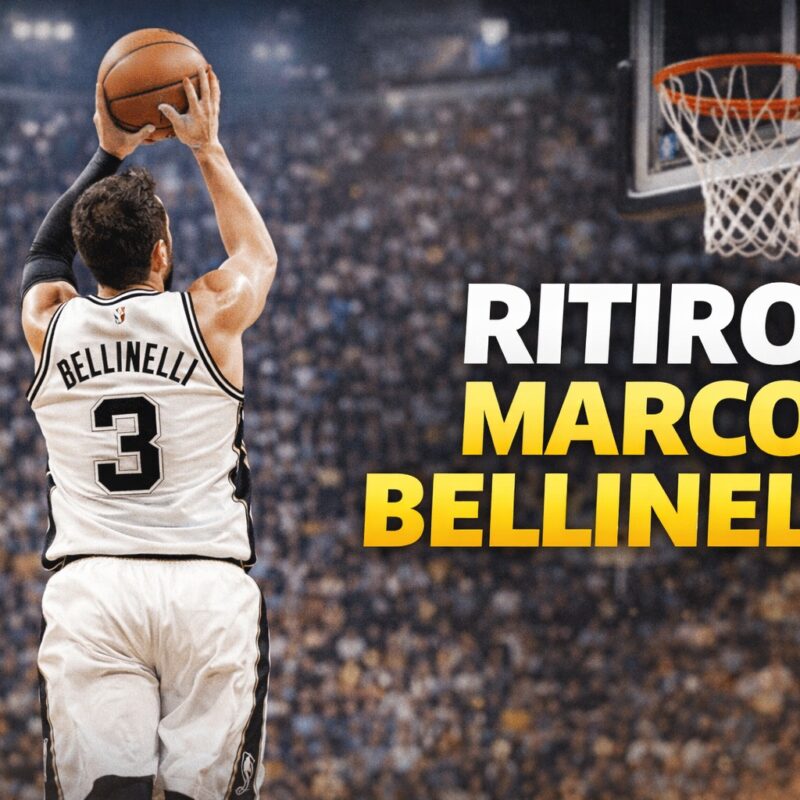 Marco Bellinelli di spalle mentre salta in elevazione per un tiro a canestro, simbolo del ritiro e della sua carriera con la scritta ritiro Marco Bellinelli