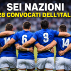 Sei Nazioni i 28 convocati dell'Italia: giocatori azzurri di spalle uniti in cerchio prima della partita