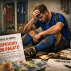 Calciatore seduto negli spogliatoi con la testa tra le mani, circondato da documenti e banconote, simbolo dei casi di stipendi non pagati nel calcio professionistico che rappresenta un articolo che parla di stipendi non pagati calciatori